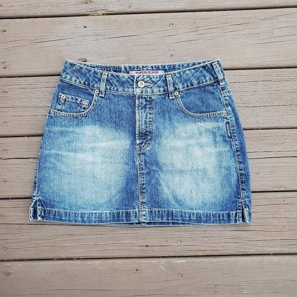 Vintage 90s y2k Bratz Silver Jeans Blue Faded Distressed Denim Mini‎ Skirt 30